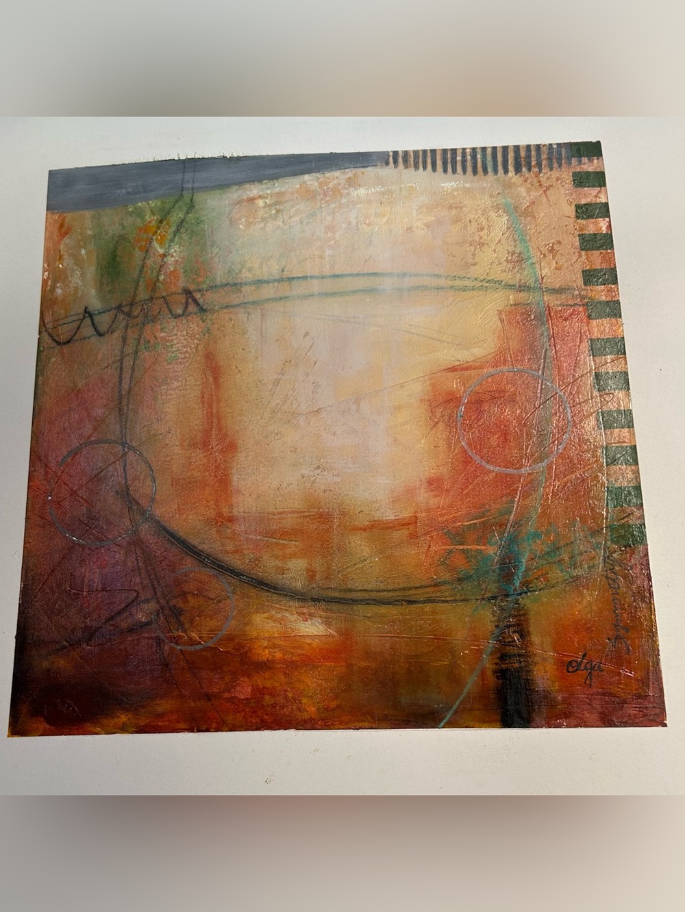 Abstract Orange and Gold Painting 12x12”
